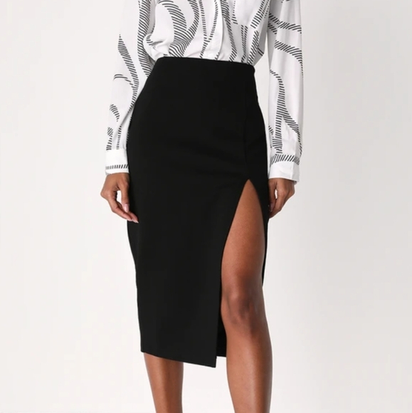 Lulu's Modern Desires classic black high waisted midi skirt thigh high slit - Picture 4 of 13